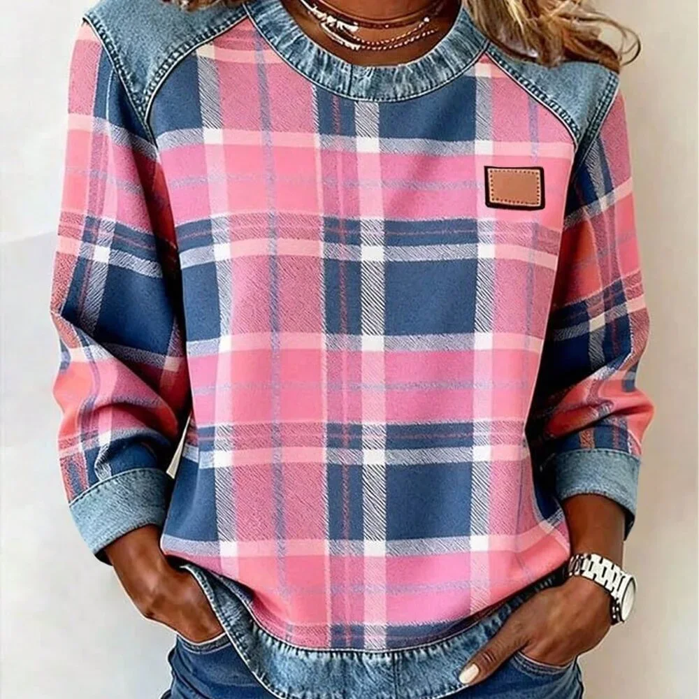 Multicolor CasualWomen's Patchwork Patch Round Neck Long Sleeve  Loose T-Shirt